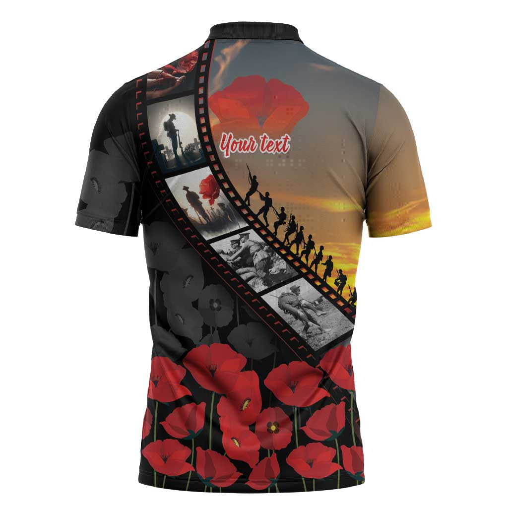 Personalised Remembering ANZAC Lest We Forget Zipper Polo Shirt Vintage Film Frame Memorial Red Poppy