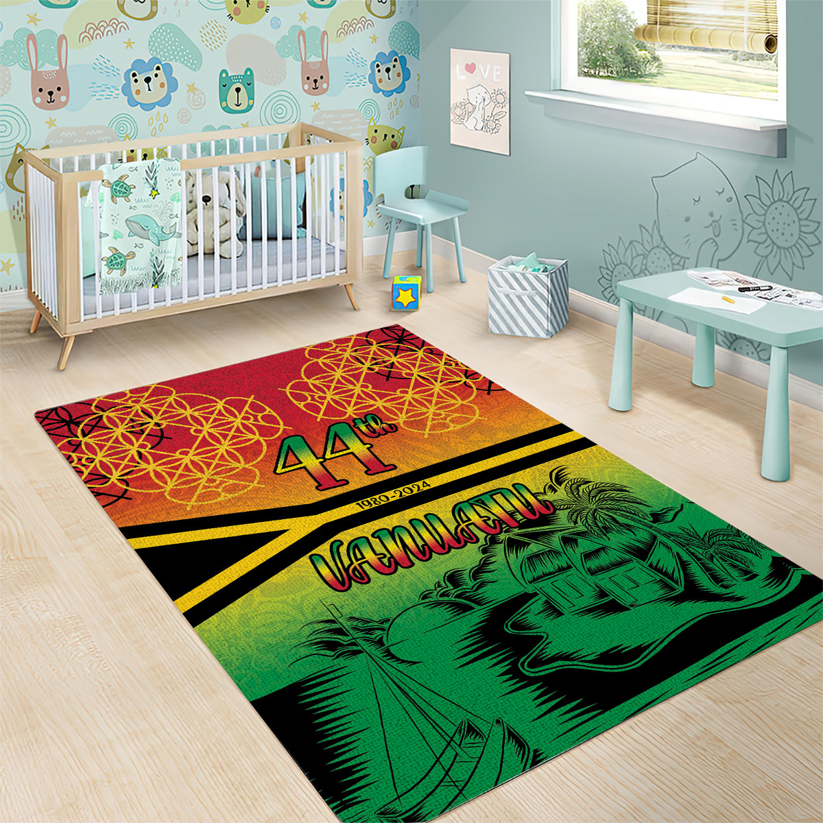 Hapi 44th Indipendens Dei Vanuatu Area Rug Yumi 1980 with Vanuatuan Beach Landscape