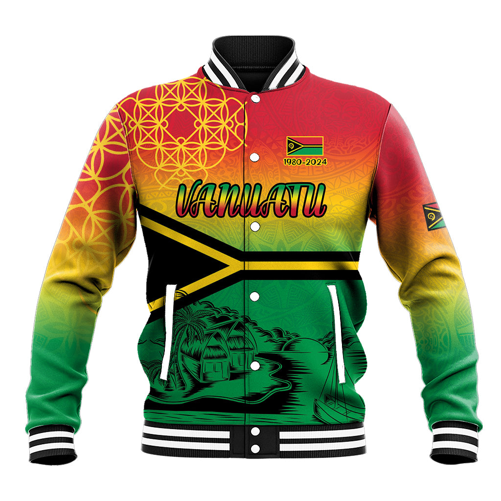 Hapi 44th Indipendens Dei Vanuatu Baseball Jacket Yumi 1980 with Vanuatuan Beach Landscape