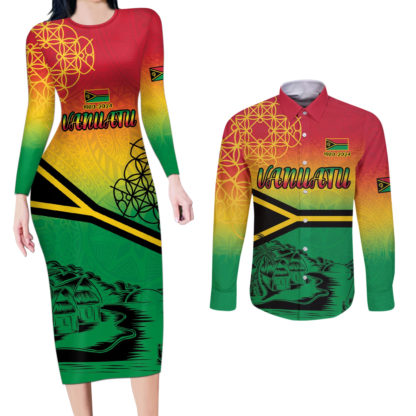 Hapi 44th Indipendens Dei Vanuatu Couples Matching Long Sleeve Bodycon Dress and Long Sleeve Button Shirt Yumi 1980 with Vanuatuan Beach Landscape