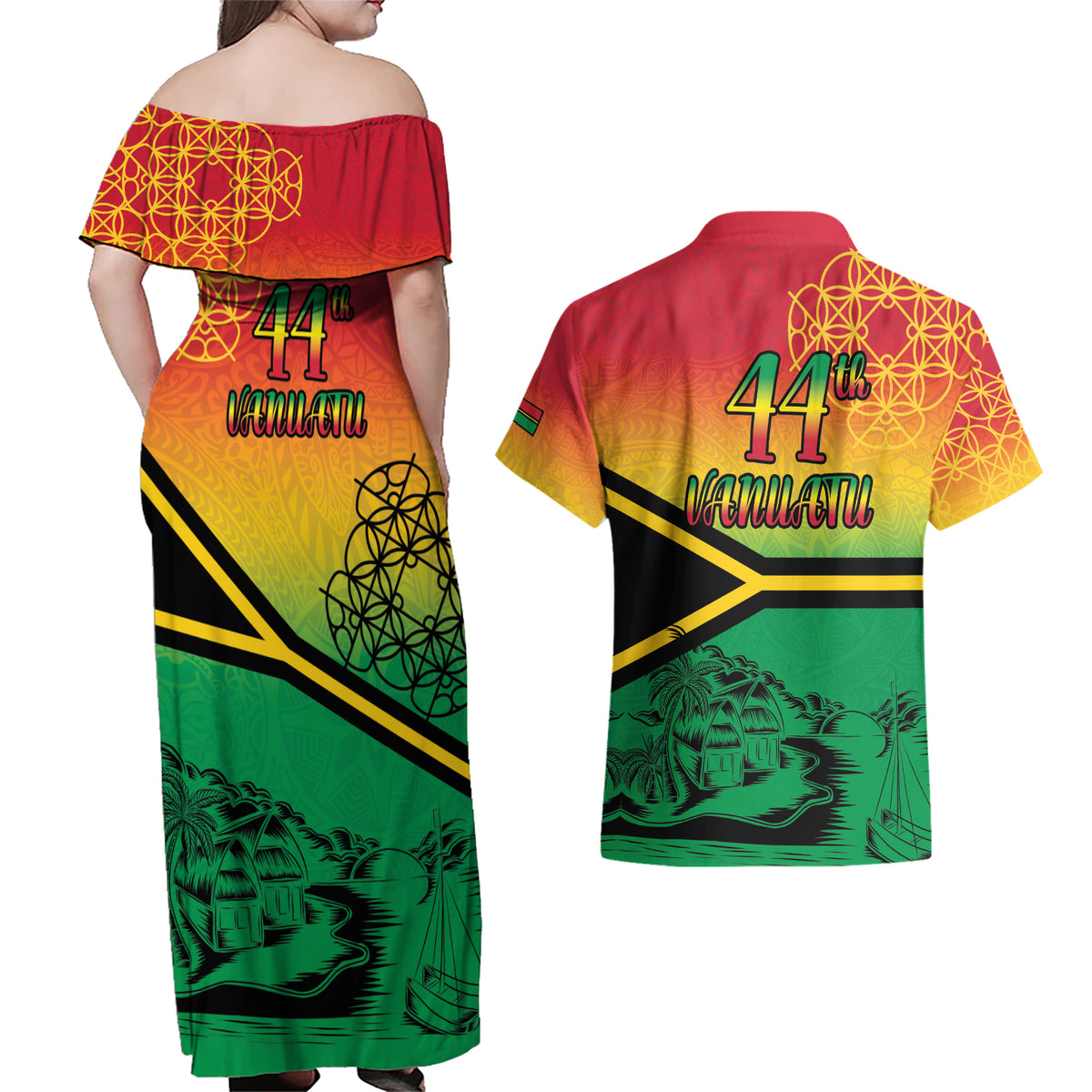 Hapi 44th Indipendens Dei Vanuatu Couples Matching Off Shoulder Maxi Dress and Hawaiian Shirt Yumi 1980 with Vanuatuan Beach Landscape