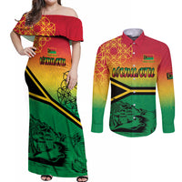 Hapi 44th Indipendens Dei Vanuatu Couples Matching Off Shoulder Maxi Dress and Long Sleeve Button Shirt Yumi 1980 with Vanuatuan Beach Landscape