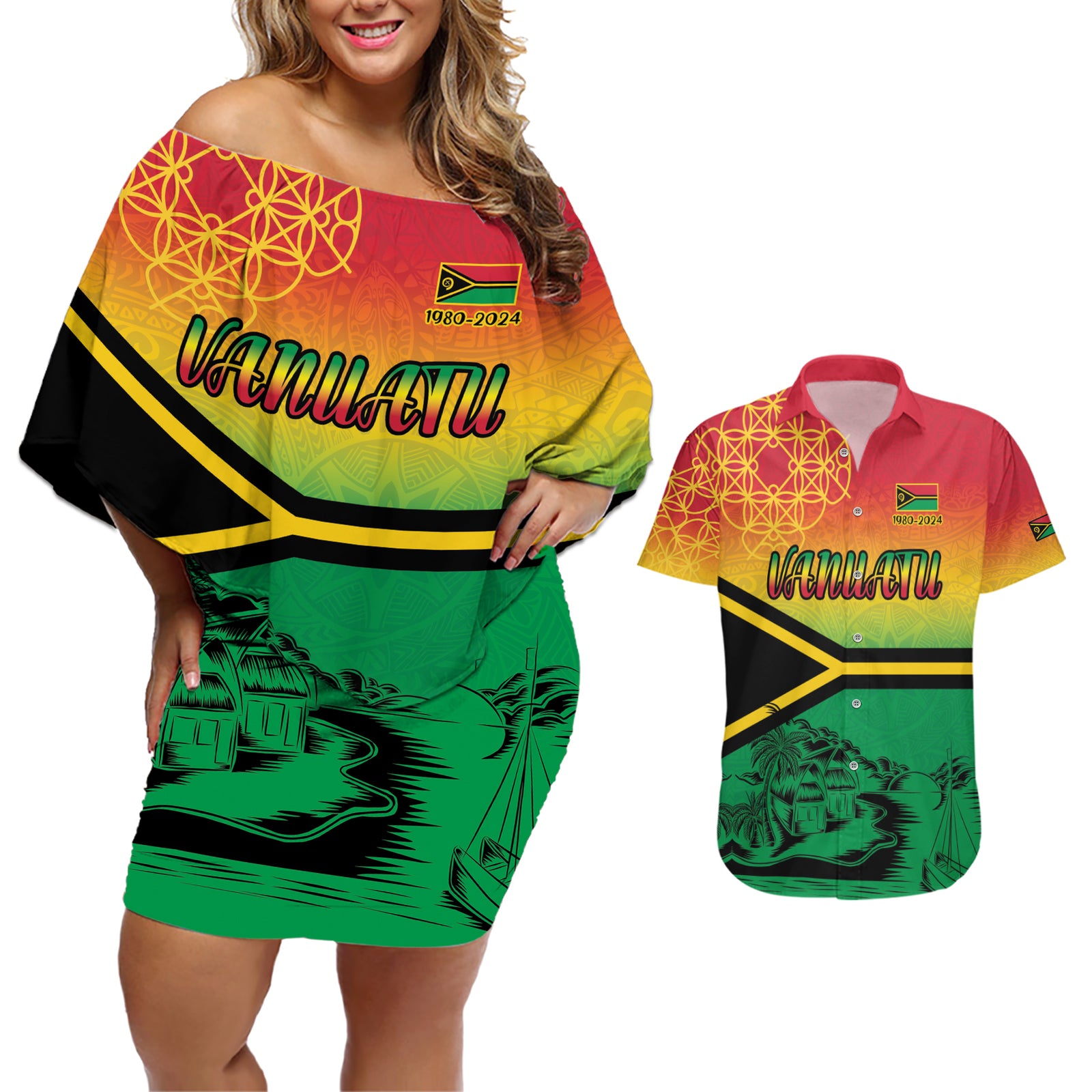 Hapi 44th Indipendens Dei Vanuatu Couples Matching Off Shoulder Short Dress and Hawaiian Shirt Yumi 1980 with Vanuatuan Beach Landscape