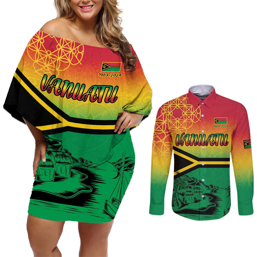 Hapi 44th Indipendens Dei Vanuatu Couples Matching Off Shoulder Short Dress and Long Sleeve Button Shirt Yumi 1980 with Vanuatuan Beach Landscape