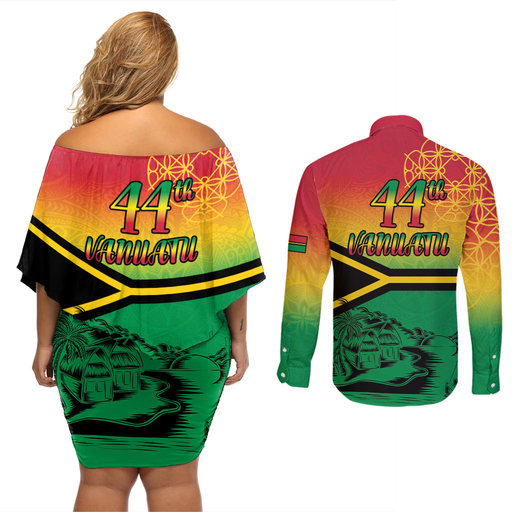 Hapi 44th Indipendens Dei Vanuatu Couples Matching Off Shoulder Short Dress and Long Sleeve Button Shirt Yumi 1980 with Vanuatuan Beach Landscape