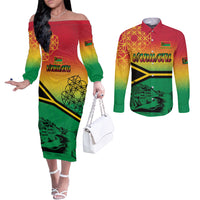 Hapi 44th Indipendens Dei Vanuatu Couples Matching Off The Shoulder Long Sleeve Dress and Long Sleeve Button Shirt Yumi 1980 with Vanuatuan Beach Landscape