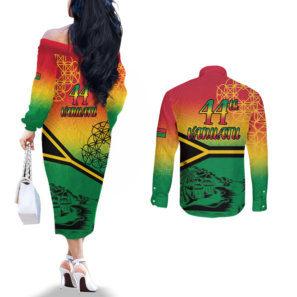 Hapi 44th Indipendens Dei Vanuatu Couples Matching Off The Shoulder Long Sleeve Dress and Long Sleeve Button Shirt Yumi 1980 with Vanuatuan Beach Landscape