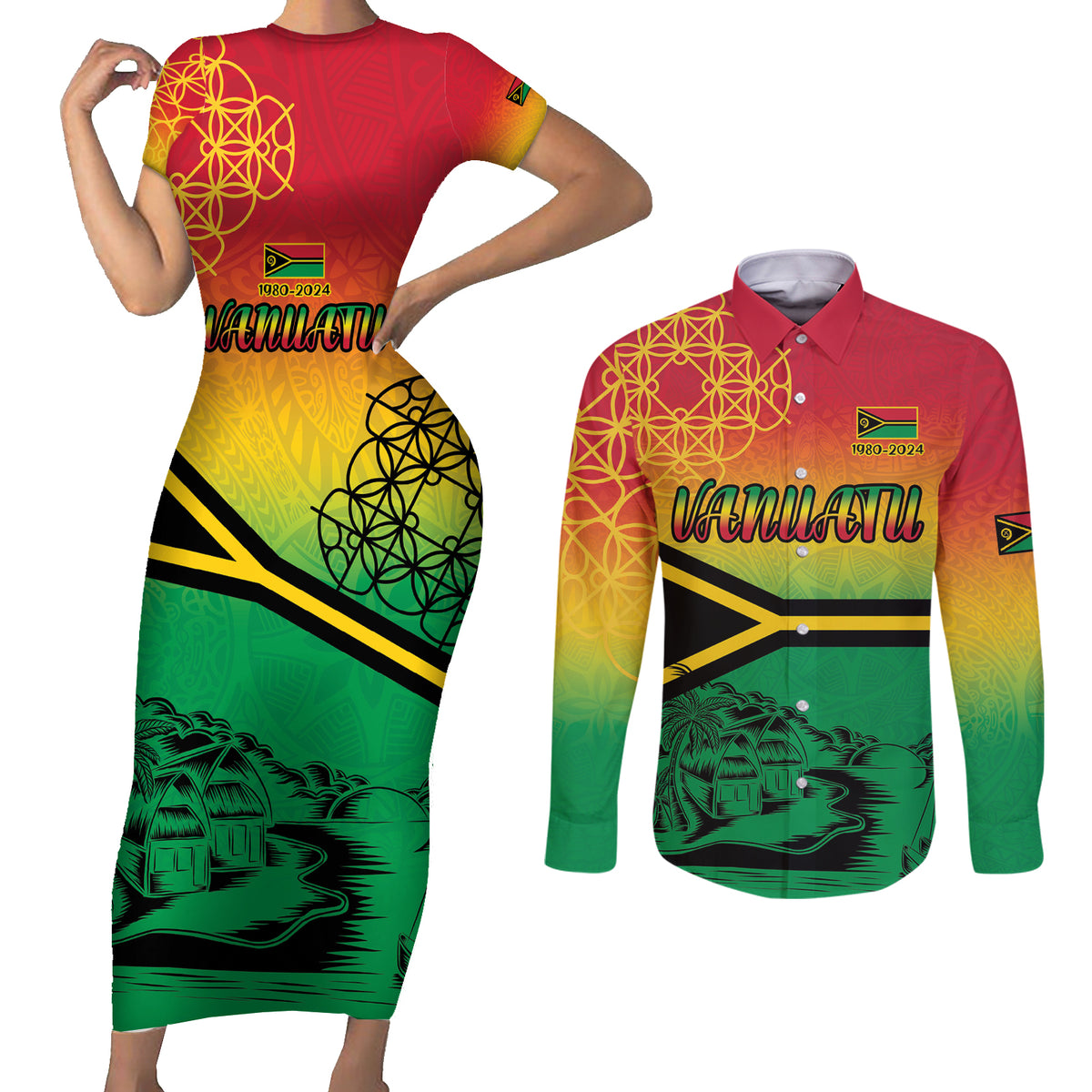 Hapi 44th Indipendens Dei Vanuatu Couples Matching Short Sleeve Bodycon Dress and Long Sleeve Button Shirt Yumi 1980 with Vanuatuan Beach Landscape