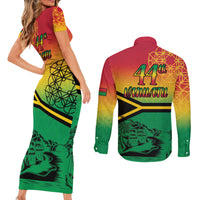 Hapi 44th Indipendens Dei Vanuatu Couples Matching Short Sleeve Bodycon Dress and Long Sleeve Button Shirt Yumi 1980 with Vanuatuan Beach Landscape
