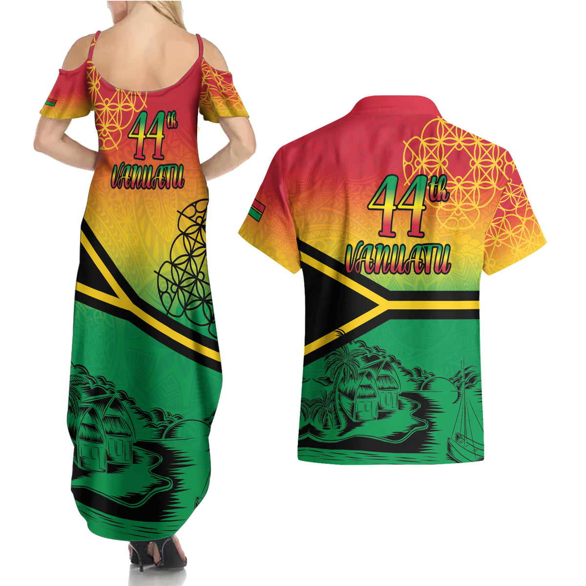 Hapi 44th Indipendens Dei Vanuatu Couples Matching Summer Maxi Dress and Hawaiian Shirt Yumi 1980 with Vanuatuan Beach Landscape