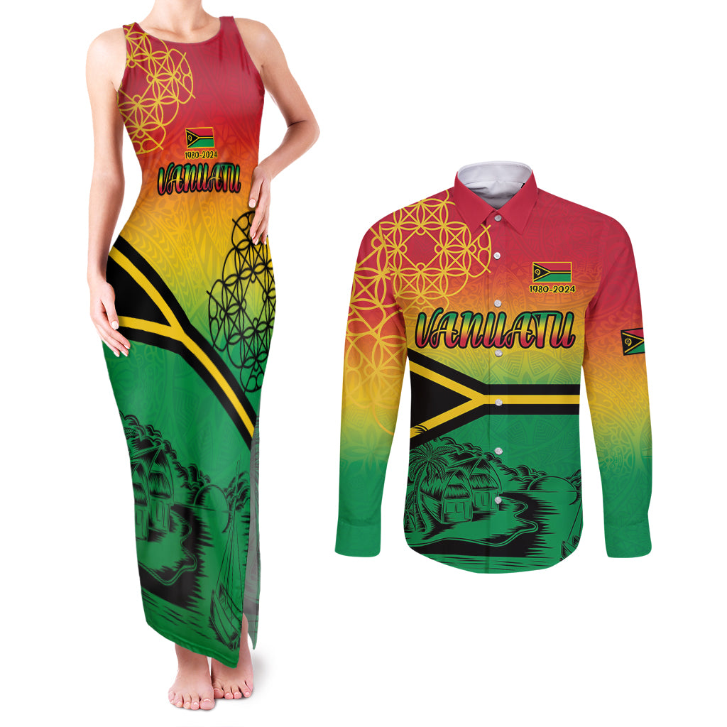 Hapi 44th Indipendens Dei Vanuatu Couples Matching Tank Maxi Dress and Long Sleeve Button Shirt Yumi 1980 with Vanuatuan Beach Landscape