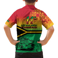 Hapi 44th Indipendens Dei Vanuatu Family Matching Off The Shoulder Long Sleeve Dress and Hawaiian Shirt Yumi 1980 with Vanuatuan Beach Landscape LT9 - Polynesian Pride