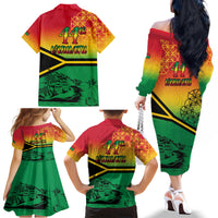 Hapi 44th Indipendens Dei Vanuatu Family Matching Off The Shoulder Long Sleeve Dress and Hawaiian Shirt Yumi 1980 with Vanuatuan Beach Landscape LT9 - Polynesian Pride