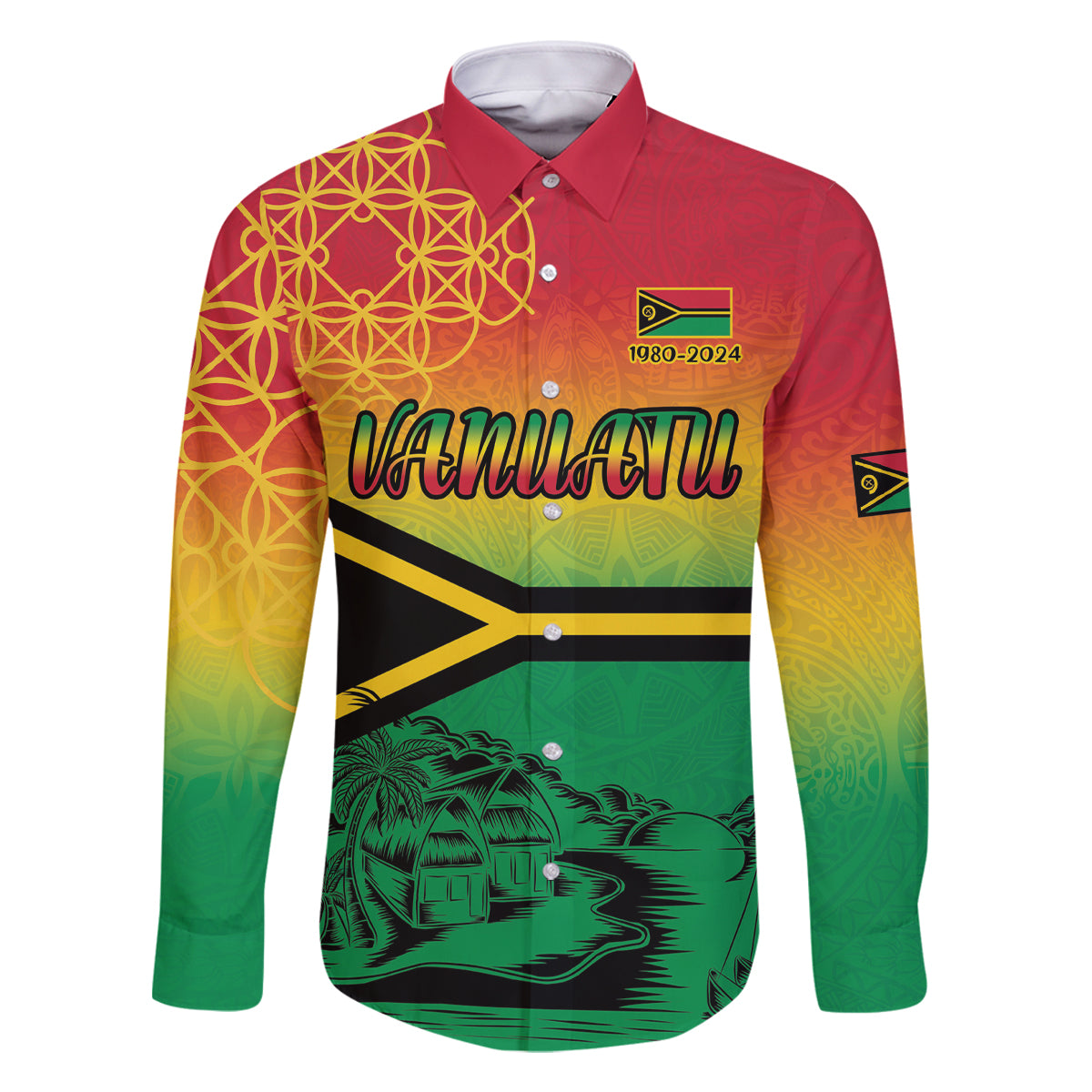Hapi 44th Indipendens Dei Vanuatu Family Matching Off The Shoulder Long Sleeve Dress and Hawaiian Shirt Yumi 1980 with Vanuatuan Beach Landscape LT9 Dad's Shirt - Long Sleeve Reggae - Polynesian Pride