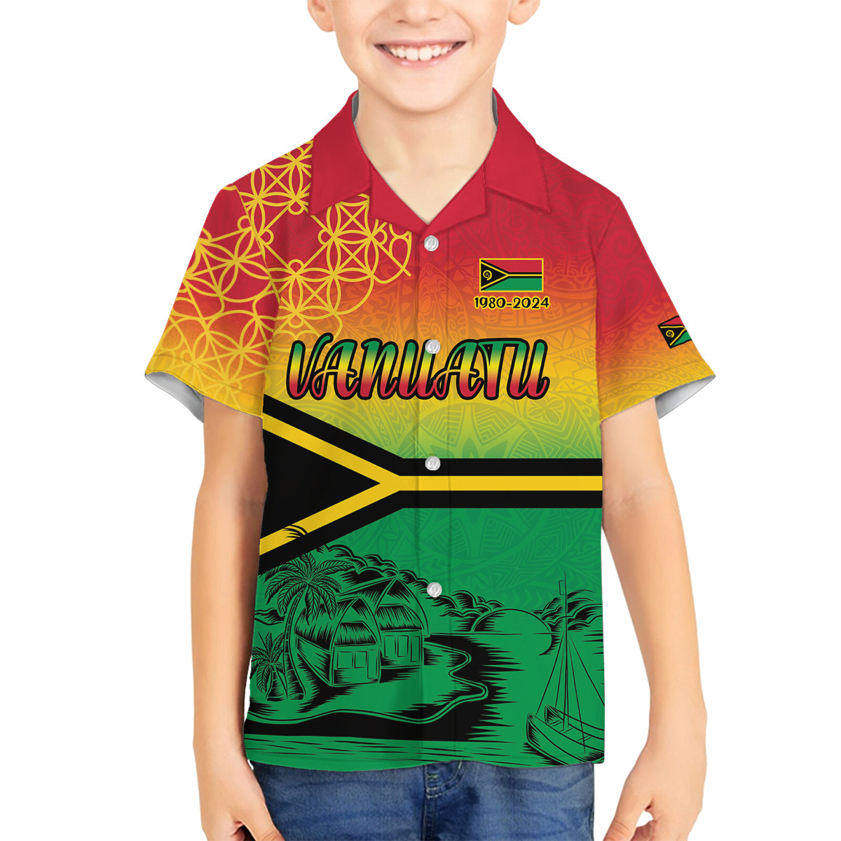Hapi 44th Indipendens Dei Vanuatu Family Matching Off The Shoulder Long Sleeve Dress and Hawaiian Shirt Yumi 1980 with Vanuatuan Beach Landscape LT9 Son's Shirt Reggae - Polynesian Pride