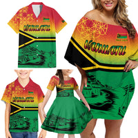 Hapi 44th Indipendens Dei Vanuatu Family Matching Off Shoulder Short Dress and Hawaiian Shirt Yumi 1980 with Vanuatuan Beach Landscape LT9 - Polynesian Pride