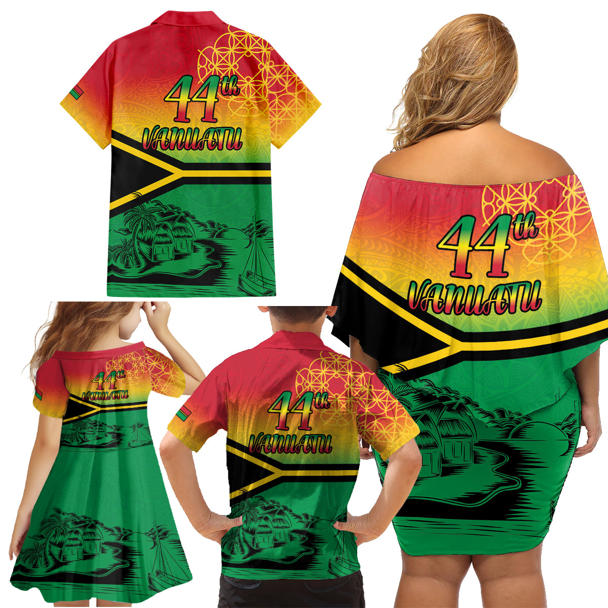 Hapi 44th Indipendens Dei Vanuatu Family Matching Off Shoulder Short Dress and Hawaiian Shirt Yumi 1980 with Vanuatuan Beach Landscape LT9 - Polynesian Pride