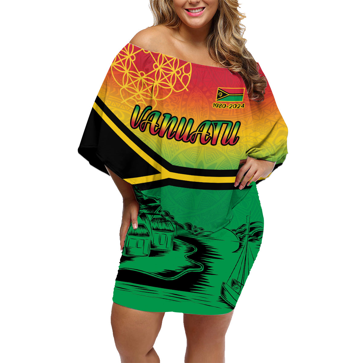Hapi 44th Indipendens Dei Vanuatu Family Matching Off Shoulder Short Dress and Hawaiian Shirt Yumi 1980 with Vanuatuan Beach Landscape LT9 Mom's Dress Reggae - Polynesian Pride
