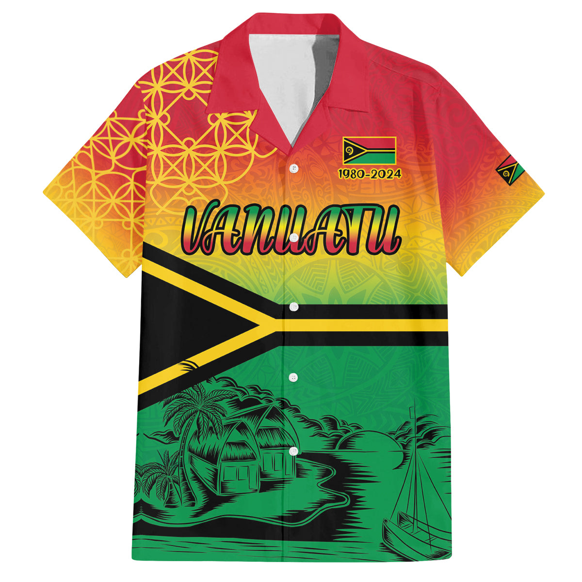 Hapi 44th Indipendens Dei Vanuatu Family Matching Puletasi and Hawaiian Shirt Yumi 1980 with Vanuatuan Beach Landscape LT9 Dad's Shirt - Short Sleeve Reggae - Polynesian Pride