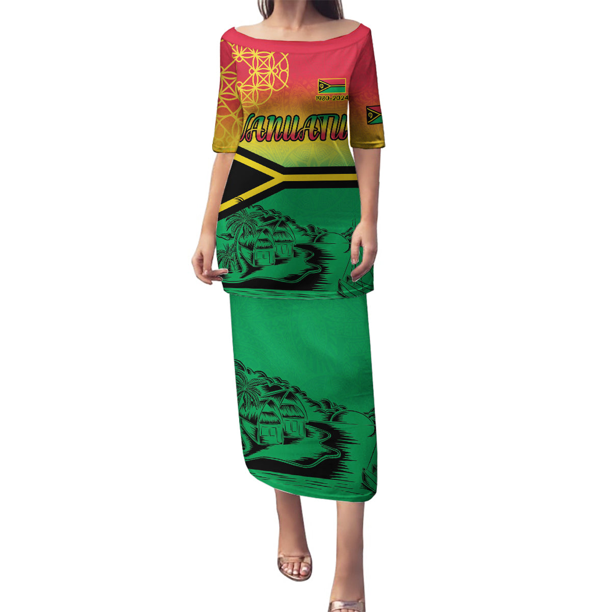 Hapi 44th Indipendens Dei Vanuatu Family Matching Puletasi and Hawaiian Shirt Yumi 1980 with Vanuatuan Beach Landscape LT9 Mom's Dress Reggae - Polynesian Pride