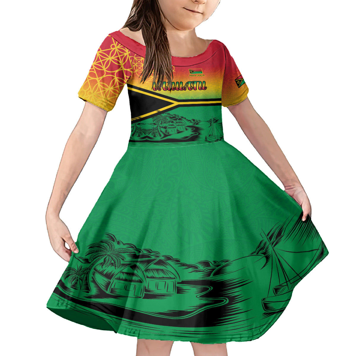 Hapi 44th Indipendens Dei Vanuatu Family Matching Tank Maxi Dress and Hawaiian Shirt Yumi 1980 with Vanuatuan Beach Landscape LT9 Daughter's Dress Reggae - Polynesian Pride
