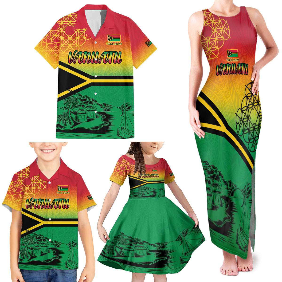 Hapi 44th Indipendens Dei Vanuatu Family Matching Tank Maxi Dress and Hawaiian Shirt Yumi 1980 with Vanuatuan Beach Landscape LT9 - Polynesian Pride