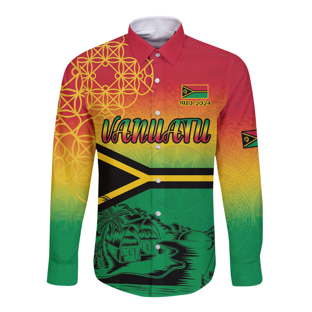 Hapi 44th Indipendens Dei Vanuatu Long Sleeve Button Shirt Yumi 1980 with Vanuatuan Beach Landscape