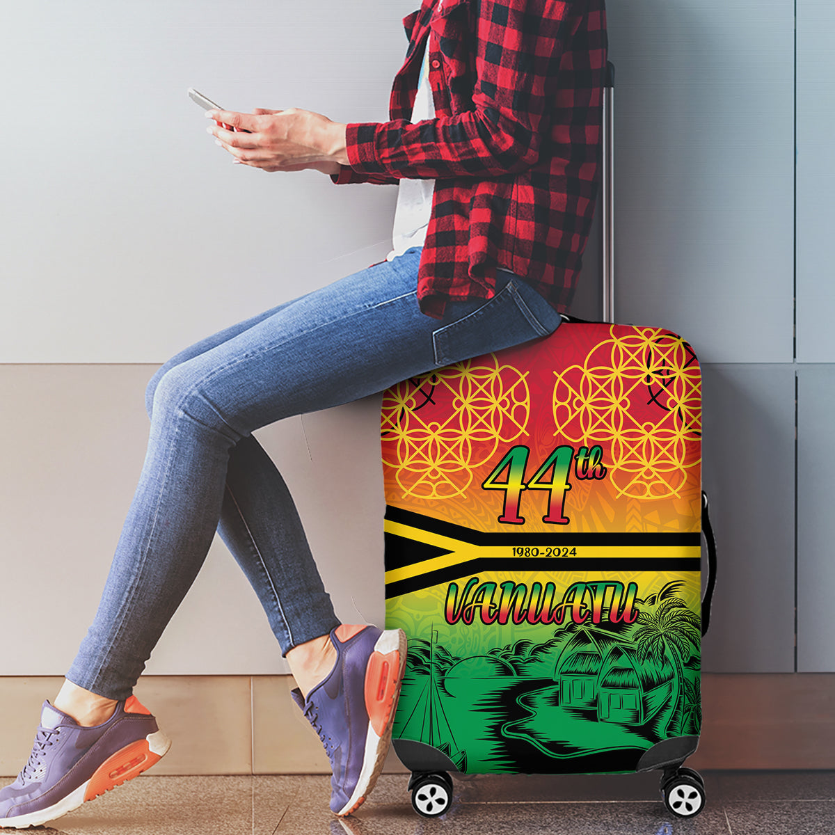 Hapi 44th Indipendens Dei Vanuatu Luggage Cover Yumi 1980 with Vanuatuan Beach Landscape