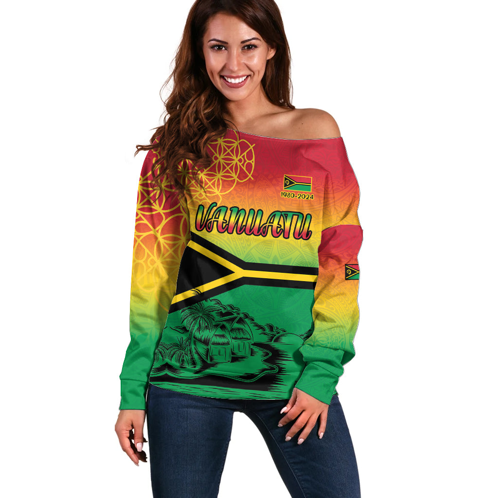 Hapi 44th Indipendens Dei Vanuatu Off Shoulder Sweater Yumi 1980 with Vanuatuan Beach Landscape