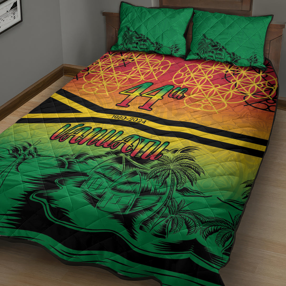 Hapi 44th Indipendens Dei Vanuatu Quilt Bed Set Yumi 1980 with Vanuatuan Beach Landscape