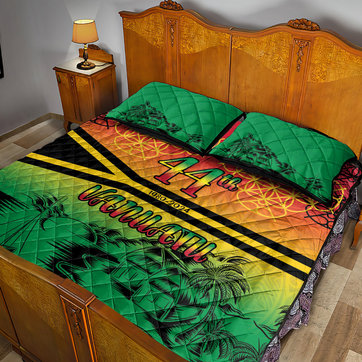 Hapi 44th Indipendens Dei Vanuatu Quilt Bed Set Yumi 1980 with Vanuatuan Beach Landscape