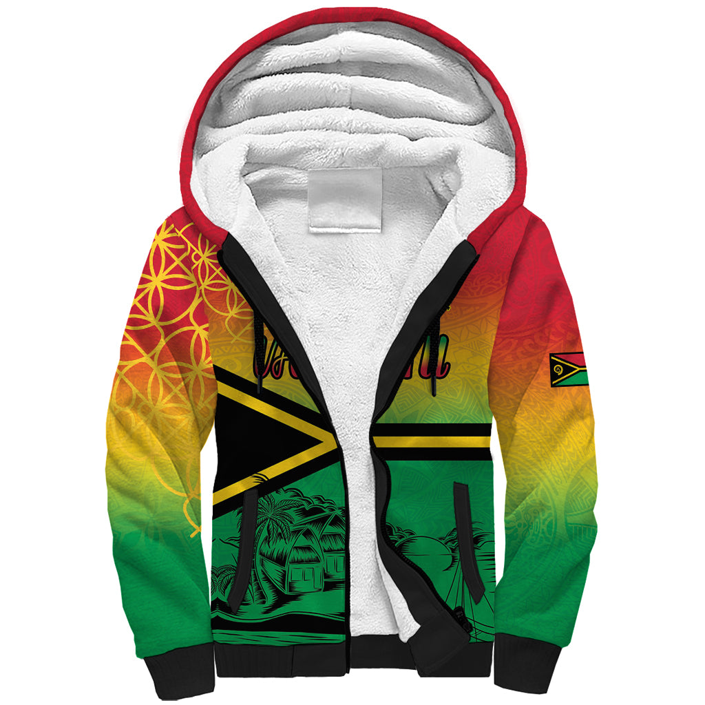 Hapi 44th Indipendens Dei Vanuatu Sherpa Hoodie Yumi 1980 with Vanuatuan Beach Landscape