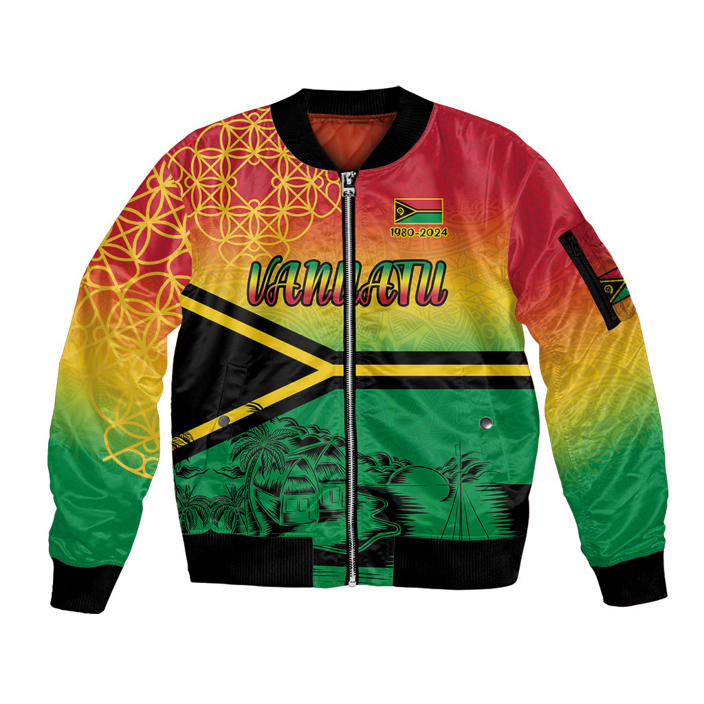 Hapi 44th Indipendens Dei Vanuatu Sleeve Zip Bomber Jacket Yumi 1980 with Vanuatuan Beach Landscape