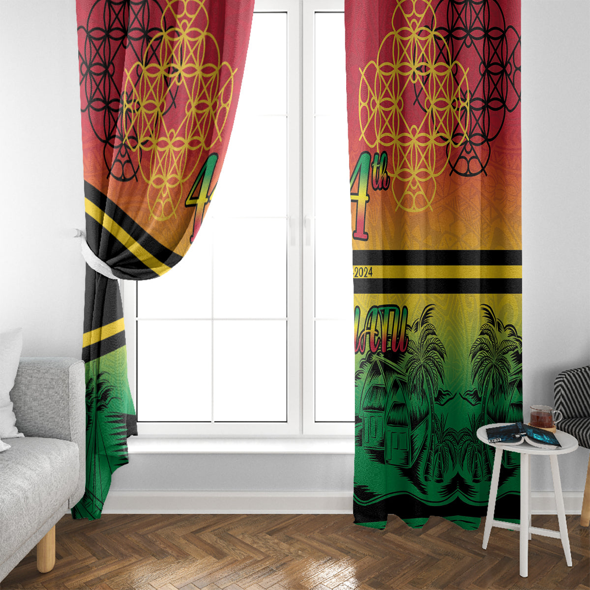 Hapi 44th Indipendens Dei Vanuatu Window Curtain Yumi 1980 with Vanuatuan Beach Landscape