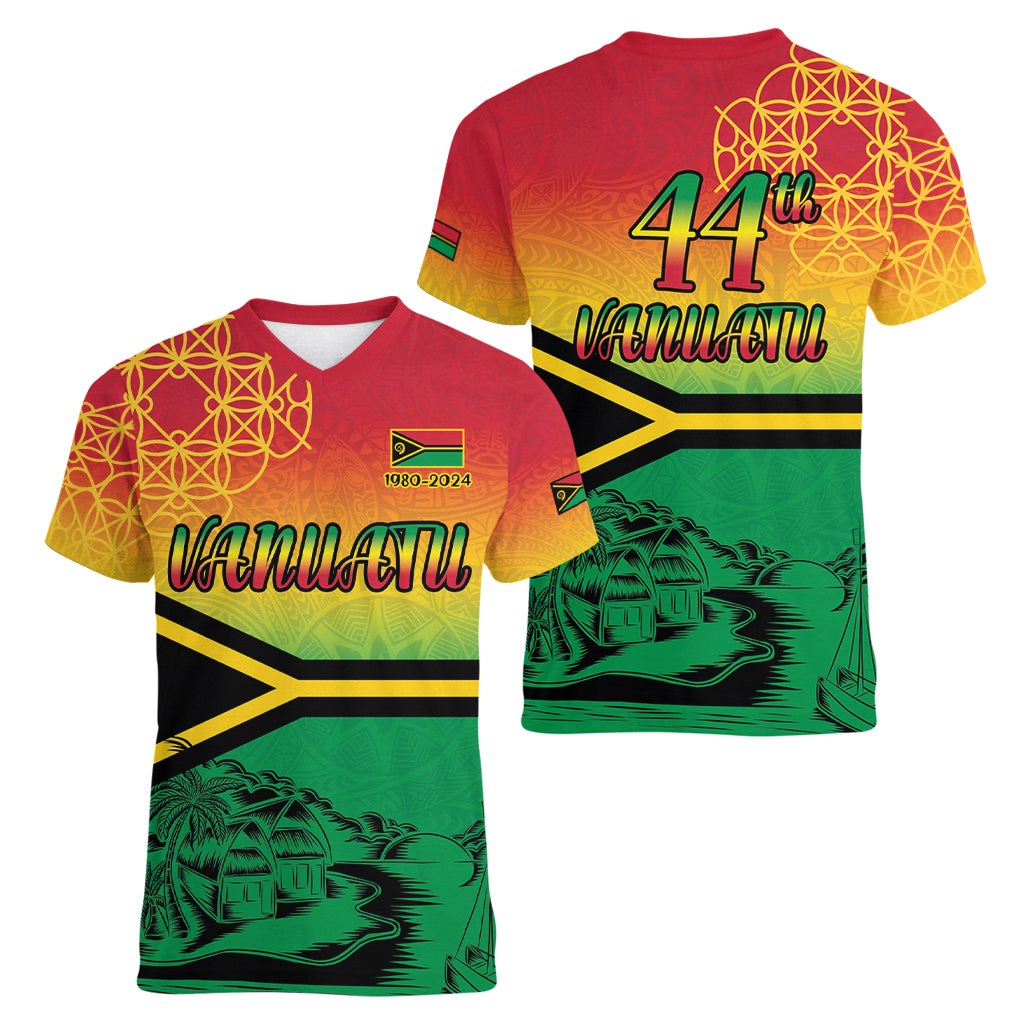 Hapi 44th Indipendens Dei Vanuatu Women V Neck T Shirt Yumi 1980 with Vanuatuan Beach Landscape