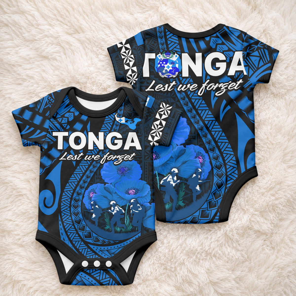 Tonga ANZAC Day Baby Onesie Lest We Forget Blue Version LT9 - Polynesian Pride