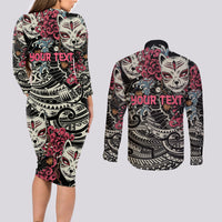 Personalized Japanese Kitsune Mask Couples Matching Long Sleeve Bodycon Dress and Long Sleeve Button Shirt With Polynesian Arty Style