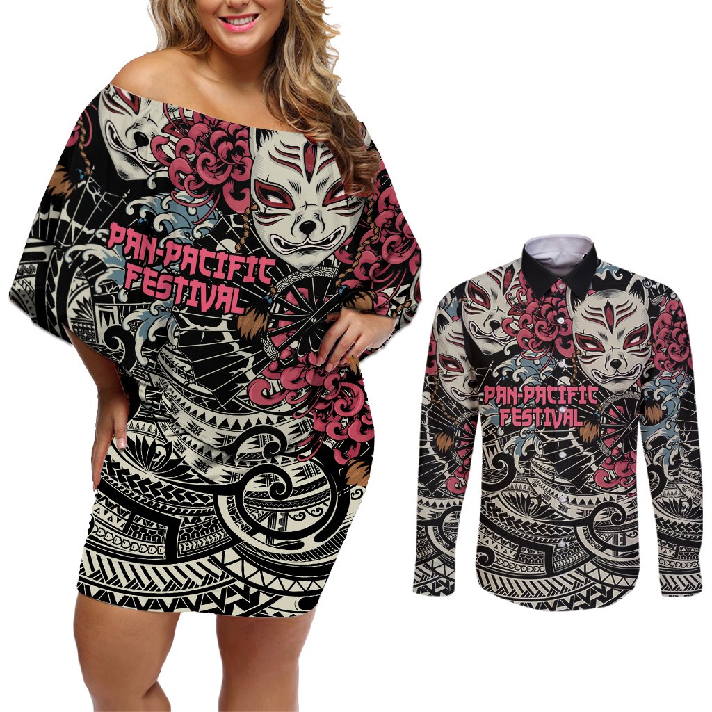 Personalized Japanese Kitsune Mask Couples Matching Off Shoulder Short Dress and Long Sleeve Button Shirt With Polynesian Arty Style