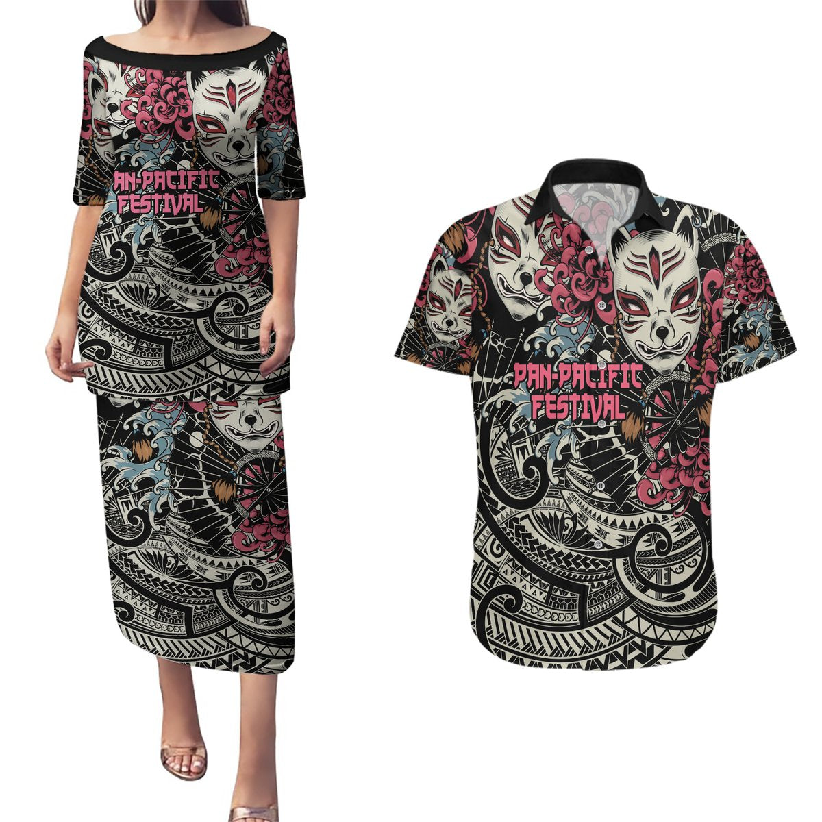 Personalized Japanese Kitsune Mask Couples Matching Puletasi and Hawaiian Shirt With Polynesian Arty Style