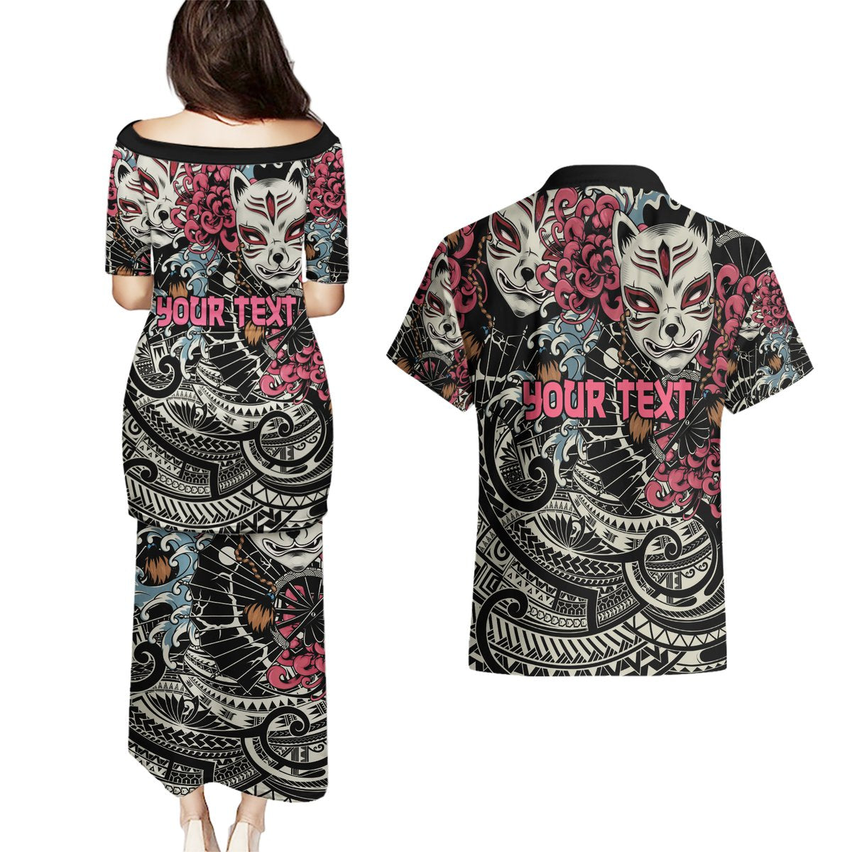 Personalized Japanese Kitsune Mask Couples Matching Puletasi and Hawaiian Shirt With Polynesian Arty Style