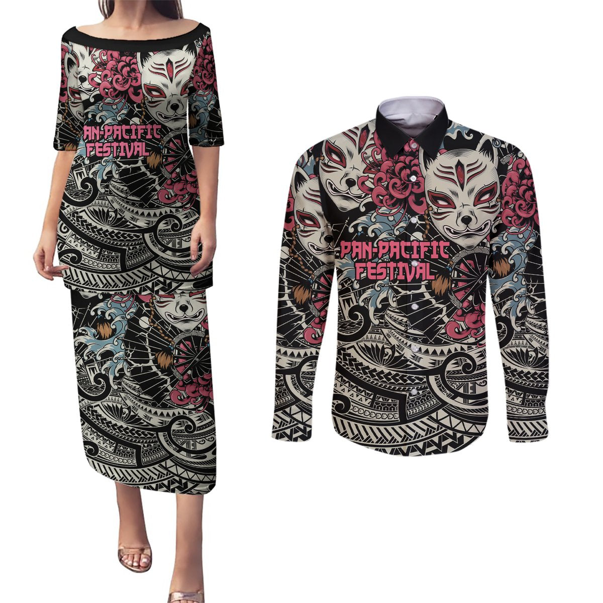 Personalized Japanese Kitsune Mask Couples Matching Puletasi and Long Sleeve Button Shirt With Polynesian Arty Style