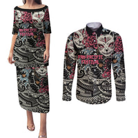 Personalized Japanese Kitsune Mask Couples Matching Puletasi and Long Sleeve Button Shirt With Polynesian Arty Style