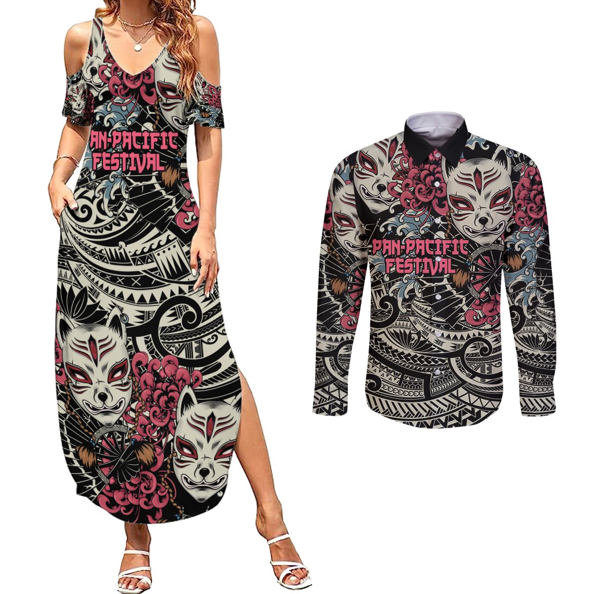 Personalized Japanese Kitsune Mask Couples Matching Summer Maxi Dress and Long Sleeve Button Shirt With Polynesian Arty Style