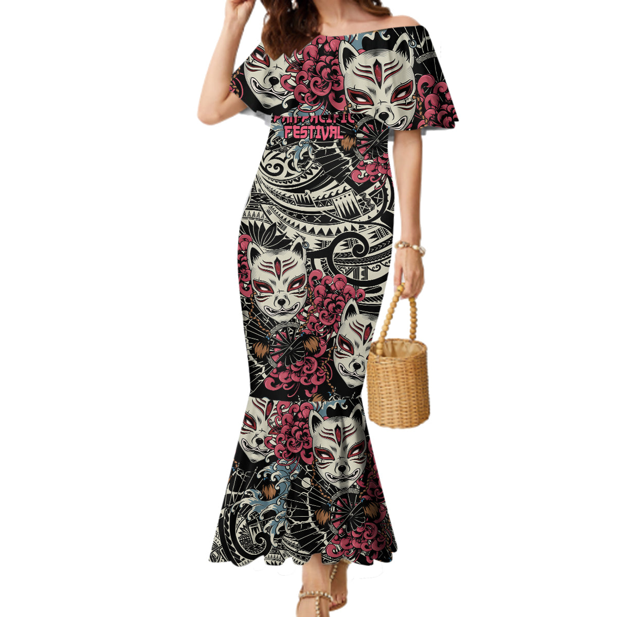 Personalized Japanese Kitsune Mask Family Matching Mermaid Dress and Hawaiian Shirt With Polynesian Arty Style