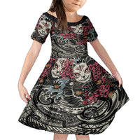 Personalized Japanese Kitsune Mask Family Matching Off The Shoulder Long Sleeve Dress and Hawaiian Shirt With Polynesian Arty Style LT9 Daughter's Dress Black - Polynesian Pride