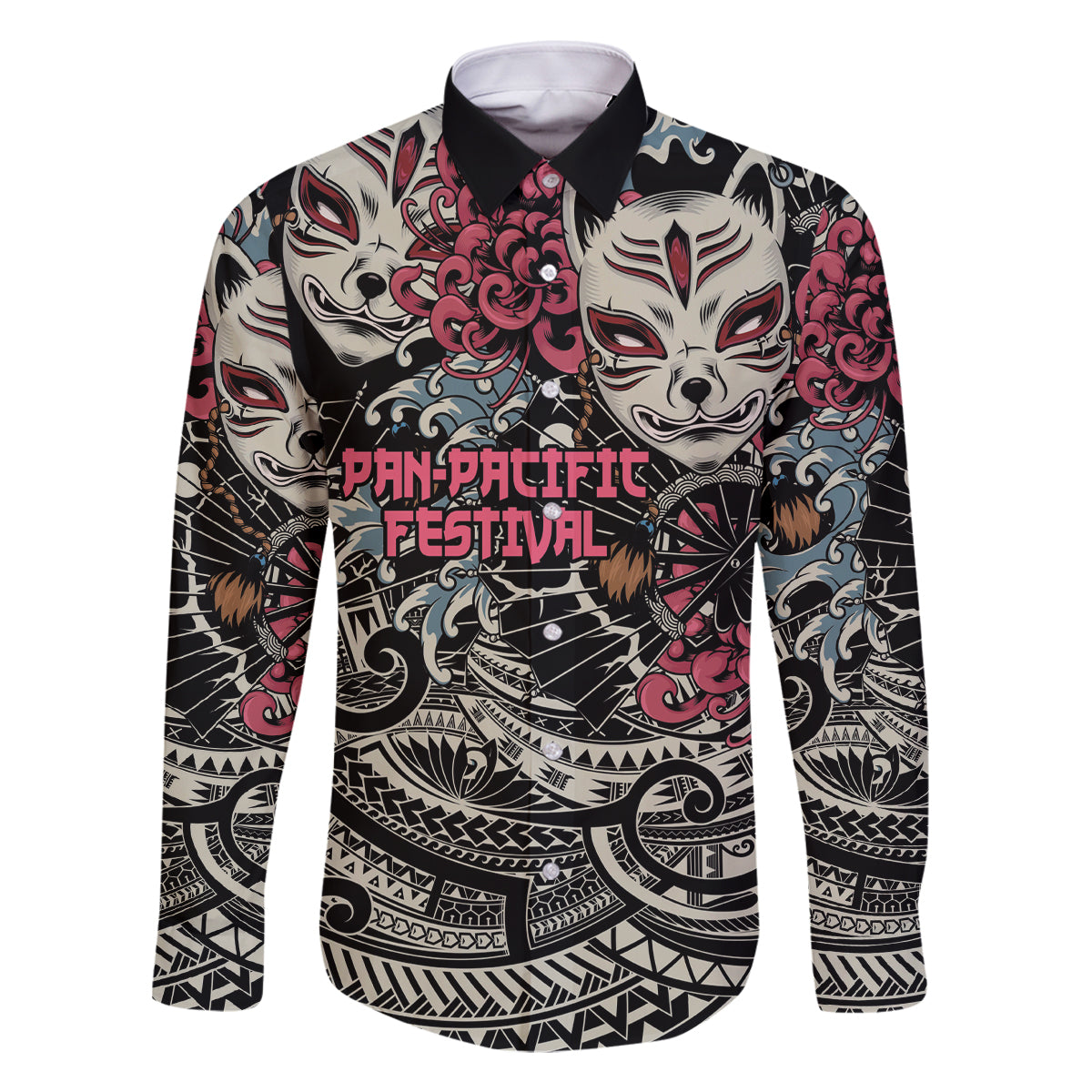 Personalized Japanese Kitsune Mask Family Matching Off The Shoulder Long Sleeve Dress and Hawaiian Shirt With Polynesian Arty Style LT9 Dad's Shirt - Long Sleeve Black - Polynesian Pride