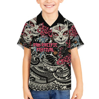 Personalized Japanese Kitsune Mask Family Matching Off The Shoulder Long Sleeve Dress and Hawaiian Shirt With Polynesian Arty Style LT9 Son's Shirt Black - Polynesian Pride