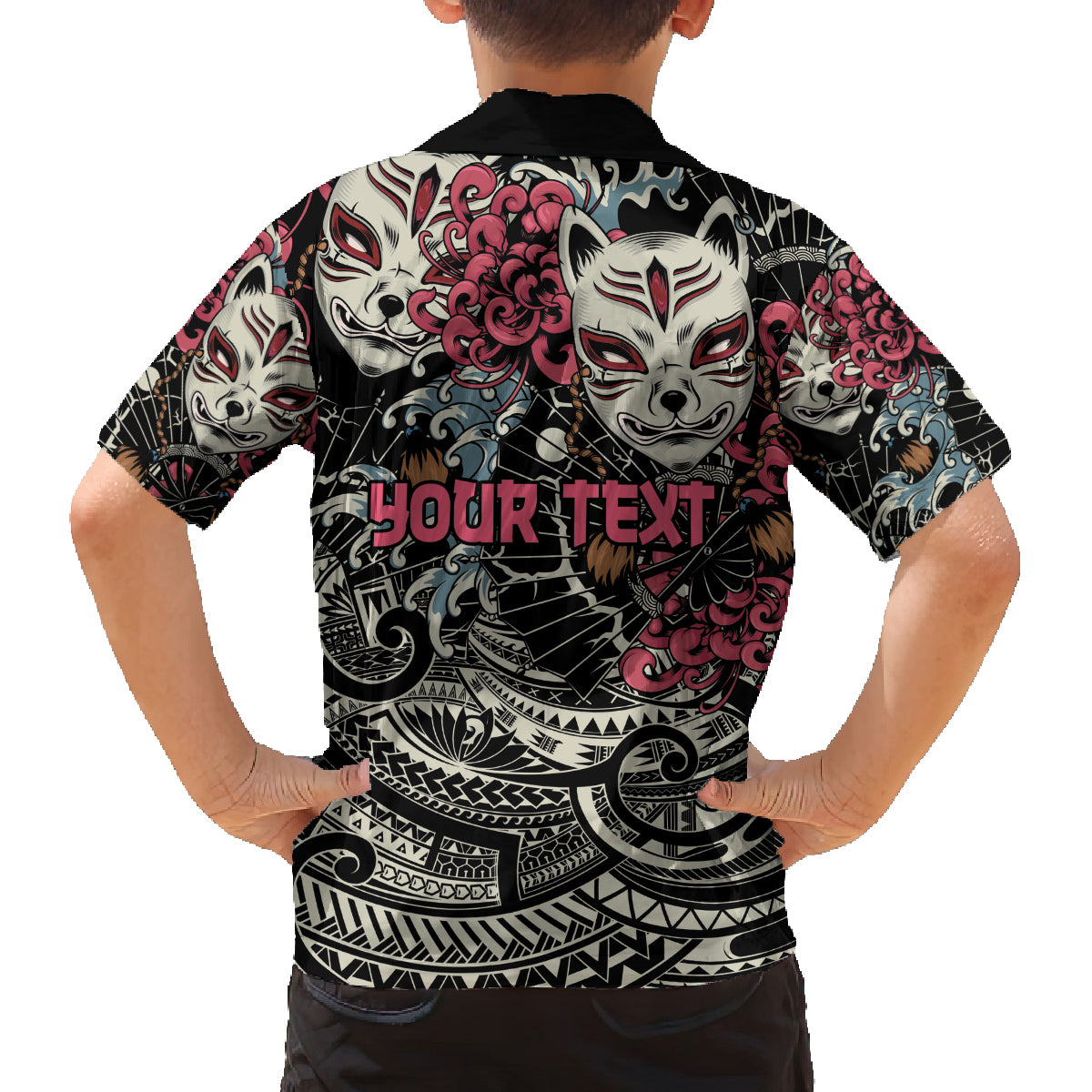 Personalized Japanese Kitsune Mask Family Matching Tank Maxi Dress and Hawaiian Shirt With Polynesian Arty Style