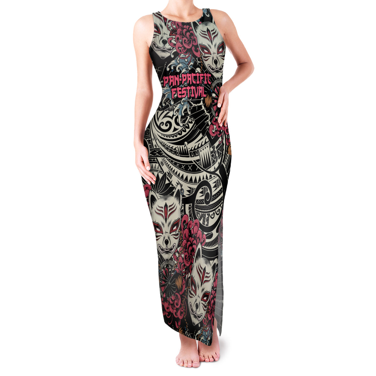Personalized Japanese Kitsune Mask Family Matching Tank Maxi Dress and Hawaiian Shirt With Polynesian Arty Style