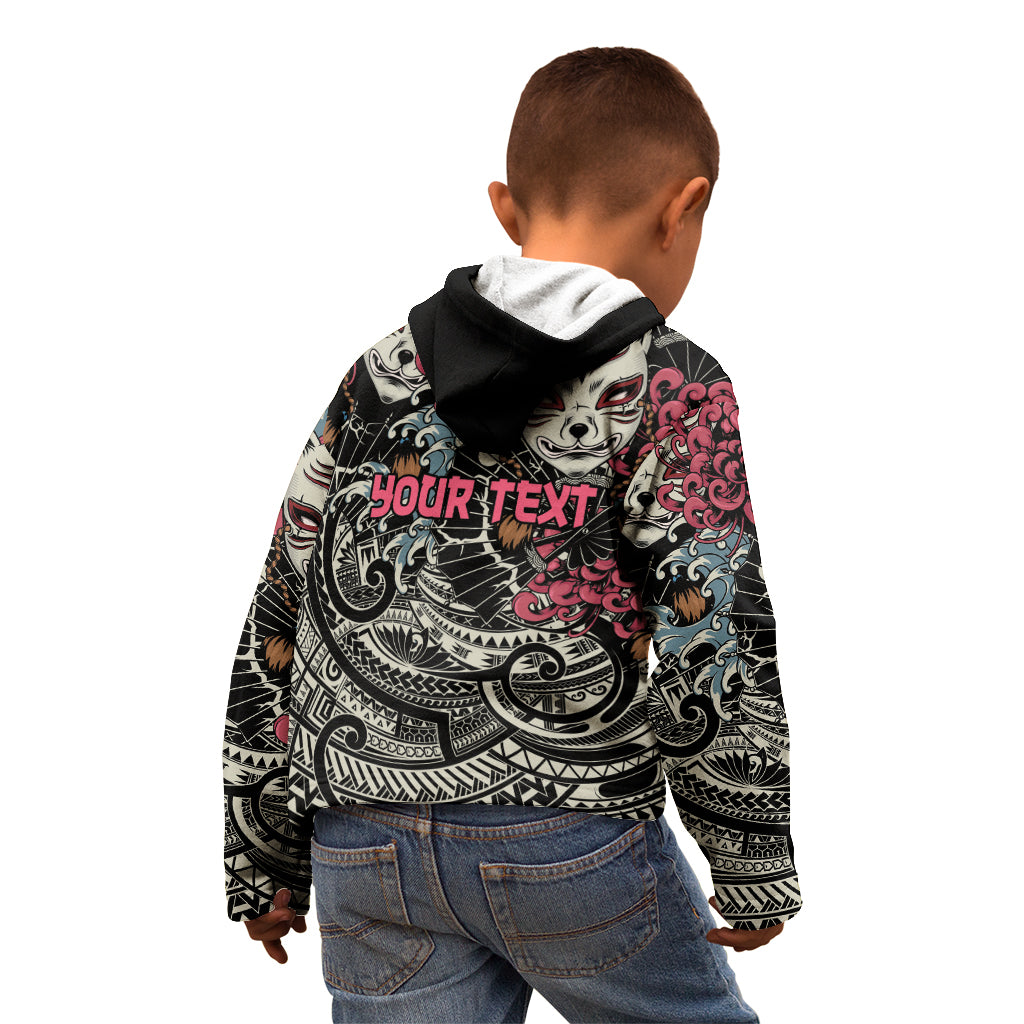 Personalized Japanese Kitsune Mask Kid Hoodie With Polynesian Arty Style